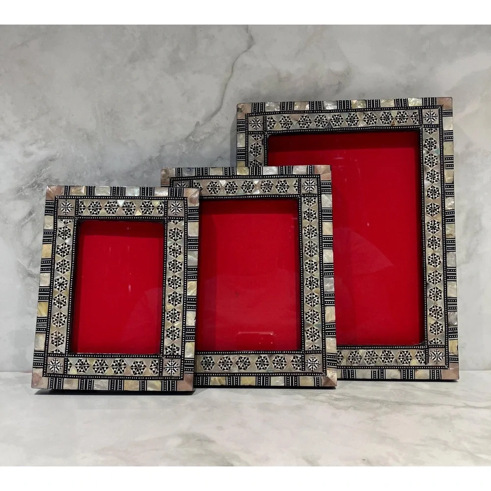 Handcrafted Mother of Pearl Mosaic Picture Frame: Beech Wood Inlay Set of 3